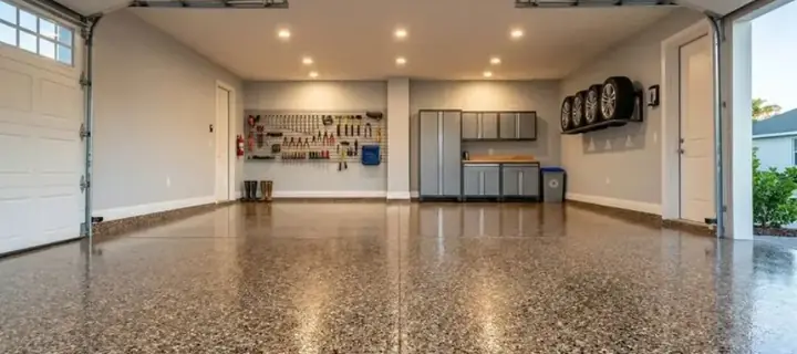 Decorative flake epoxy garage floor