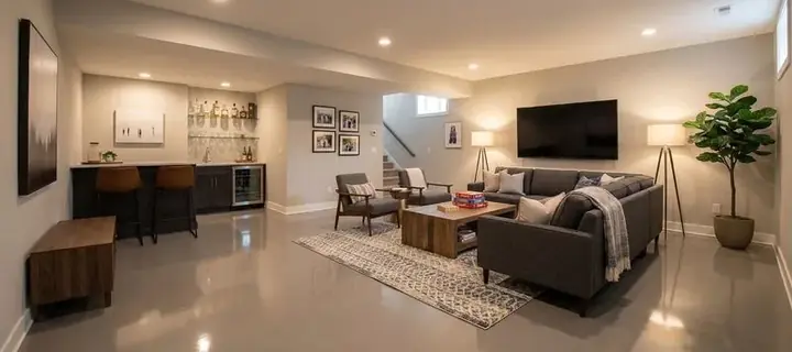 Solid color epoxy floor in a finished basement